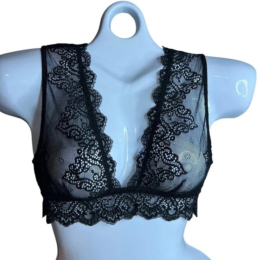 Free People x Only Hearts Lace Bralette Size S Black Wide Strap Ruffle NWT